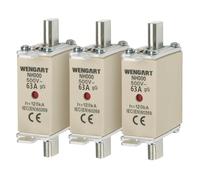Wengart Pack De 3 Fusibles De Cuchilla NH000 gG (63A), Enlaces Fusibles De Baja Tensión AC 500V, Alta Capacidad De Ruptura 120kA, Tamaño Compacto Para Bases NH00, Protección Industrial Y Fotovoltaica