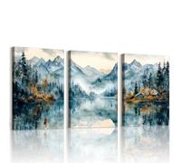 WENGTIAO 3 Piezas Acuarela Montaña Lago Cuadros Enmarcados Naturaleza Bosque Árbol Niebla Montaña Pintura sobre Lienzo Cuadros Decoracion Salon Modernos Dormitorios Decoracion Pared 30x40cmx3