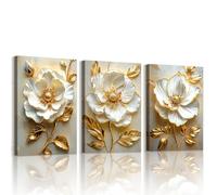 WENGTIAO 3 Piezas Blanco Peonía Flores Cuadros Enmarcados Lujo Oro Hojas Blanca Floral Pintura sobre Lienzo Cuadros Decoracion Salon Modernos Dormitorios Decoracion Pared 30x40cmx3