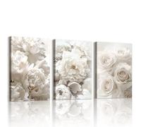 WENGTIAO 3 Piezas Florales Blanco Cuadros Decorativos Enmarcado, Rosas Blancas y Peonías en Flores Lienzos Laminas, Cuadros Decoracion Salon Modernos Dormitorios Decoración Pared 40x60cmx3