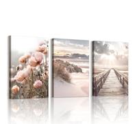 WENGTIAO 3 Piezas Paisaje Naturale Cuadros Decorativos, Costa y Playa Pasarela de Madera Flores Rosas Lienzos Laminas, Cuadros Decoracion Salon Modernos Dormitorios Decoración Pared 40x60cmx3