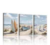 WENGTIAO 3 Piezas Playa y Costa Cuadros Decorativos Enmarcado, Océano Silla de Playa Barco Tabla de Surf Paisaje Costero Lienzos Laminas, Cuadros Decoracion Salon Modernos Dormitorios Pared 40x60cmx3
