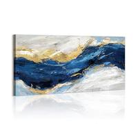 WENGTIAO Abstracto Azul Marino Lienzo Cuadro Enmarcado Grande Minimalista Azul Ola de Mar Oro Gris Pintura Sobre Lienzos Cuadros Decoracion Salon Modernos Dormitorios Decorativos Pared Casa 120x50 cm