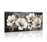 WENGTIAO Blanco Oro Floral Lienzo Cuadro Enmarcado Grande Estética Flores Blancas Hojas de Oro Pintura Sobre Lienzos Cuadros Decoracion Salon Modernos Dormitorios Decorativos Pared 120x50 cm