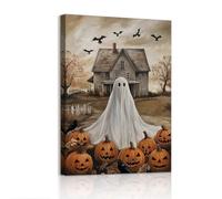 WENGTIAO Halloween Cuadros Enmarcados Calabazas Fantasmagóricas Granja Rústica y Murciélagos Voladores Pintura sobre Lienzo para Pared Halloween Decoración Hogar del Partido 30x40 cm
