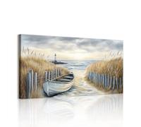 WENGTIAO Playa Costera Lienzo Cuadros Grande Enmarcado, Barco Faro Paisaje Costero Pintura Sobre Lienzos Cuadros Decoracion Salon Modernos Dormitorios Decorativos Pared 100x50 cm