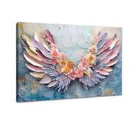 WENGTIAO Rosa Alas de Ángel Lienzo Cuadro Enmarcado Alas de Colores y Flores Pintura Sobre Lienzos Cuadros Decoracion Salon Modernos Dormitorios Decorativos Pared Casa 90x60 cm