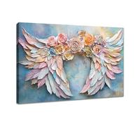 WENGTIAO Rosa Alas de Ángel Lienzo Cuadro Enmarcado Alas de Colores y Flores Pintura Sobre Lienzos Cuadros Decoracion Salon Modernos Dormitorios Decorativos Pared Casa 90x60 cm