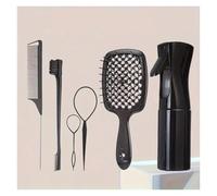 WENH Juego de 6 cepillos for el cabello, cepillos de grado for estilizar el cabello, botella pulverizadora, peine hueco y Kit de peluquería for todo tipo de cabello(Black Set)