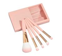 WENH Mini brochas de maquillaje con espejo, juego de viaje de pelo suave, brocha for polvos sueltos, juego portátil, 5 uds.(Pink)