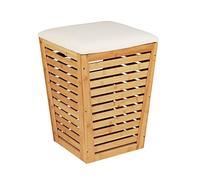 WENKO Arcón para ropa Bambusa con asiento acolchado, cesto para la colada de bambú, 55 l, y asiento en color crema que soporta hasta 120 kg, taburete con almacenamiento para colada, 40 x 56 x 40 cm