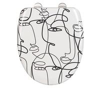 WENKO Asiento de WC Faces, asiento de inodoro de diseño, Duroplast prémium, con Easy-Close y Fix-Clip de acero inoxidable, antibacteriano y resistente a los arañazos, 38 x 45 cm, blanco/negro