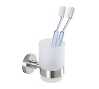 Wenko Bosio - Soporte para Vaso de Dientes, de Acero Fino Inoxidable y Vidrio, 7 x 9.5 x 10.5 cm