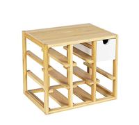 WENKO Botellero Finja, botellero de calidad para hasta 8 botellas, con cajón integrado para sacacorchos, vertedor y servilletas, de bambú natural/MDF, 33,5 x 29 x 24 cm, natural/blanco