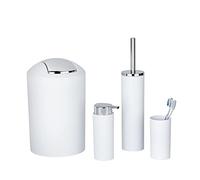 WENKO Calvo - Juego de 4 Accesorios de baño, dispensador de jabón, Vaso para cepillos de Dientes, escobilla de Inodoro, escobilla de baño, Color Blanco