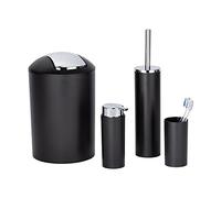 WENKO Calvo - Juego de 4 Accesorios de baño, dispensador de jabón, Vaso para cepillos de Dientes, escobilla de Inodoro, escobilla de Inodoro, Cubo de cosméticos, Color Negro con Detalles cromados de