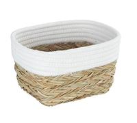 WENKO Cesta de almacenamiento Rika S, cesto decorativo para pequeños accesorios, con fibras vegetales naturales y tejido de algodón, 80 % fibra natural y 20 % algodón, 15 x 20 x 13 cm, marrón/blanco