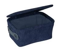 WENKO Cesta para el baño Anela con tapa, cesta con diseño de pana con asa de polipiel para guardar y organizar los utensilios del baño, 100 % poliéster, 19x10x14 cm, azul oscuro