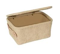 WENKO Cesta para el baño Anela con tapa, cesta con diseño suave de pana de 100 % poliéster con asa de polipiel para guardar y organizar los utensilios del baño, 19 x 10 x 14 cm, beige