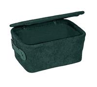 WENKO Cesta para el baño Anela con tapa, cesta de almacenamiento con diseño de pana para guardar y organizar los utensilios del baño, 100 % poliéster, asa de polipiel, 19x10x14 cm, verde oscuro