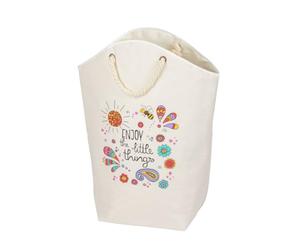 WENKO Cesto para la ropa sucia Rollin'Art Little Things, 58 l, cesto colada, color crema, colorido motivo "Enjoy the little things", 2 asas de cuerda de algodón trenzado, cuidado sencillo, 53x60x25 cm