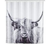 WENKO Cortina de ducha «Yak», cortina textil higiénica, lavable, impermeable y fácil de limpiar, con 12 anillos para fijar a la barra de la ducha, 180 x 200 cm, blanco/negro