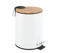 WENKO Cubo de pedal para cosmética «Tortona» de 3 litros, con tapa de bambú auténtico, cubo de basura para el baño con dispositivo automático de descenso, cubo de basura pequeño, acero lacado, 17 x 23,5 x 21 cm, en color blanco mate