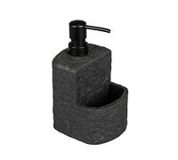 WENKO Dispensador de detergente Festival Stone, dosificador de jabón rellenable con aspecto de piedra, poliresina, para cocina, compartimento extra para estropajo, capacidad 380 ml, 10,5 x 18 x 11 cm