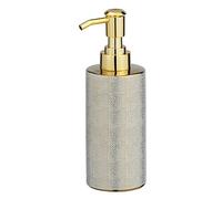 WENKO Dispensador de jabón «Nuria», dosificador Recargable para jabón líquido y loción, de cerámica con una Superficie estructurada en Dorado/Blanco, 7,5 x 18,7 x 6,5 cm, Capacidad de llenado 300 ml