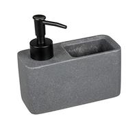 WENKO Dispensador de lavavajillas Resa, dosificador de cocina, aspecto de piedra y práctico compartimento para estropajos, incluye estropajo, recargable, aprox. 150 ml, 14,5 x 14,3 x 6 cm, gris oscuro