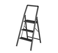 WENKO Escalera de Aluminio Ligera, 66 cm más Alto, Plegable, 3 peldaños Antideslizantes, Barra de Seguridad y asa, 48 x 114,5 x 6 cm, Color Gris Oscuro