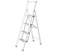 WENKO Escalera plegable en diseño de aluminio 4 peldaños, blanca - Haushaltsleiter, Aluminio recubierto, 44 x 153 x 5.5 cm, Blanco