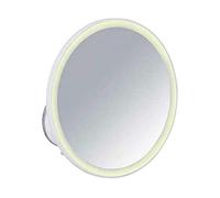 WENKO Espejo mural con LED «Isola», espejo para cosmética con iluminación LED, espejo de maquillaje orientable de forma infinita, aumento de 5 veces para maquillaje y afeitado, función táctil para regular la luminosidad, funciona con pilas, 18,5 x 10,5 cm de diámetro