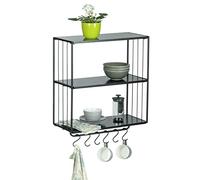 Wenko Estante Metal, Estanteria Metalica con Tres Repisas y Ganchos, Estanteria Pared, Organizador Cocina, Estanteria Flotante, Decoracion Pared, Diseño Industrial, Negro, 50 x 55 x 23 cm