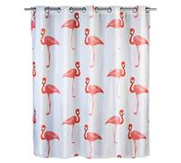 WENKO Cortina de ducha Flamingo Flex antimoho, revestimiento antibacterial y repelente al agua, 100% de poliéster, lavable a 30°C, medidas (ancho x alto): 180 x 200 cm