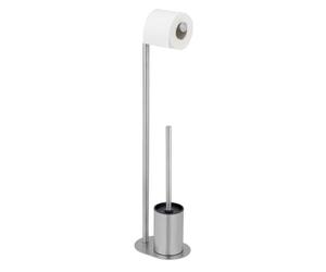 WENKO Inodoro de pie Mod, Levante con portarrollos y escobilla de Acero Inoxidable Independiente 23x63x17 cm Acabado Satinado Negro Elegante