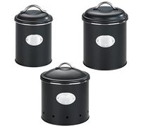 WENKO Juego de 3 botes de almacenamiento Nero, 2 recipientes herméticos de 1 litro y 1,6 litros y 1 bote con agujeros de 4 litros, de metal lacado, color negro