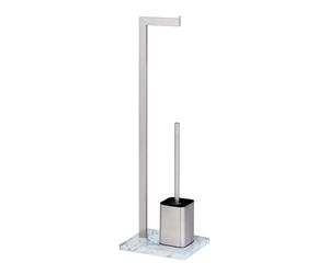 WENKO Juego de accesorios WC wenko de pie para cuarto de baño Aprilia, escobillas y soportes para WC, con aspecto de piedra natural, portarrollos wenko de acero inoxidable brillante 23 x 74 x 19 cm