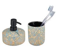 Wenko Juego de Baño de 2 Piezas Felina, Set Accesorios Baño, Dispensador de Jabon y Vaso Cepillo Dientes, Dosificador Jabon, Porta Cepillo de Dientes, Organizador Baño de Ceramica Gris y Oro