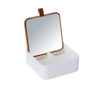 WENKO Organizador con tapa Bovisa blanco - Organizador de cosméticos con 3 compartimentos y espejo, superficie de espejo: 13 x 13 cm 100 % aumento, Plástico, 14 x 5.5 x 14 cm, Blanco