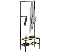 WENKO Perchero Geo con Banco de Madera de Pino Natural y Zapatero de Metal Negro, de Diseño Industrial para Recibidor, 59 x 165 x 30 cm, Negro/Marrón