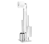 Wenko Rivalta - Escobillero de baño con Soporte para Papel higiénico Integrado y escobillero (Acero Inoxidable, 18 x 70 x 23 cm), Color Plateado Brillante y Blanco, 71046800