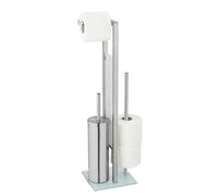 WENKO Rivalta - Juego de soporte cerrado de acero inoxidable con tapa de cristal de seguridad blanca con escobilla de inodoro, soporte para rollo de papel higiénico y soporte para rollo de repuesto, color plateado mate, 18 x 70 x 23 cm