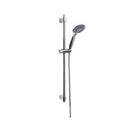 WENKO Set de ducha Young, moderno cabezal con 5 tipos de chorro, barra de ducha y flexo de ducha de acero inoxidable, apto para calentadores de agua, conexión universal de ½", 66 cm, plata brillante