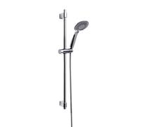 WENKO Set de ducha Young, moderno cabezal con 5 tipos de chorro, barra de ducha y flexo de ducha de acero inoxidable, apto para calentadores de agua, conexión universal de ½", 66 cm, plata brillante