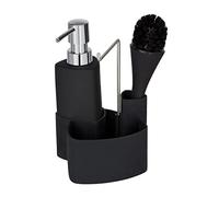 WENKO Set lavavajillas Empire, 4 en 1 - dispensador, cepillo, soporte para paños de cocina y organizador, cerámica de calidad con superficie suave al tacto, 250 ml, 11 x 19 x 12,5 cm, negro
