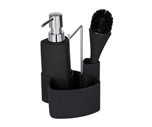 WENKO Set lavavajillas Empire, 4 en 1 - dispensador, cepillo, soporte para paños de cocina y organizador, cerámica de calidad con superficie suave al tacto, 250 ml, 11 x 19 x 12,5 cm, negro
