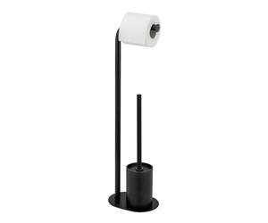 WENKO Set WC Mod, Levante Juego escobillero de pie con portarrollos de Acero Inoxidable Brillante y Cabezal Negro 23 x 63 x 17 cm diseño Elegante