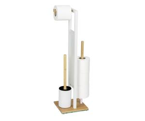WENKO Set WC Mod, Rivalta Juego escobillero portarrollos Independiente bambú y Cristal de Seguridad Acero 18 x 70 x 23 cm Blanco Natural