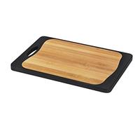 WENKO Tabla de cortar Kombi, tabla antideslizante con un lado de plástico antibacteriano para carne/pescado y el otro lado de plástico y bambú, con mango y ranura de drenaje, 33 x 23 cm, negro/natural